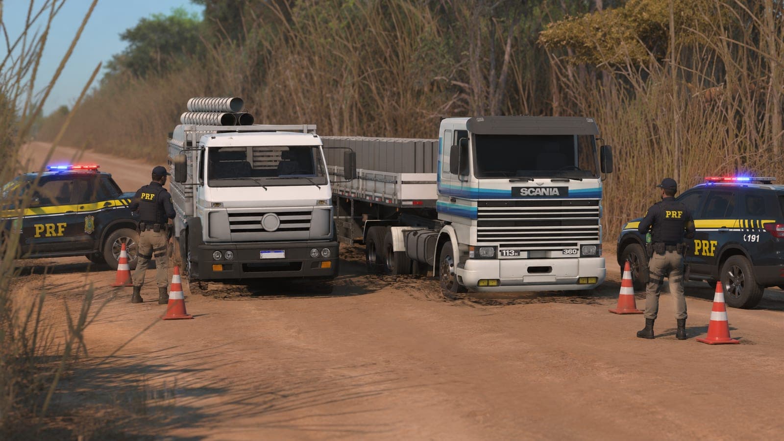 Fiscalização da Polícia Rodoviária Federal em estrada de terra