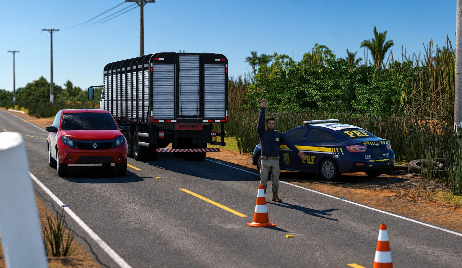 Agente da PRF parando um caminhão e um carro na rodovia
