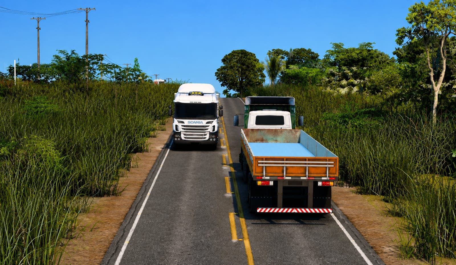 Scania branco e caminhão com carroceria de madeira em rodovia rural