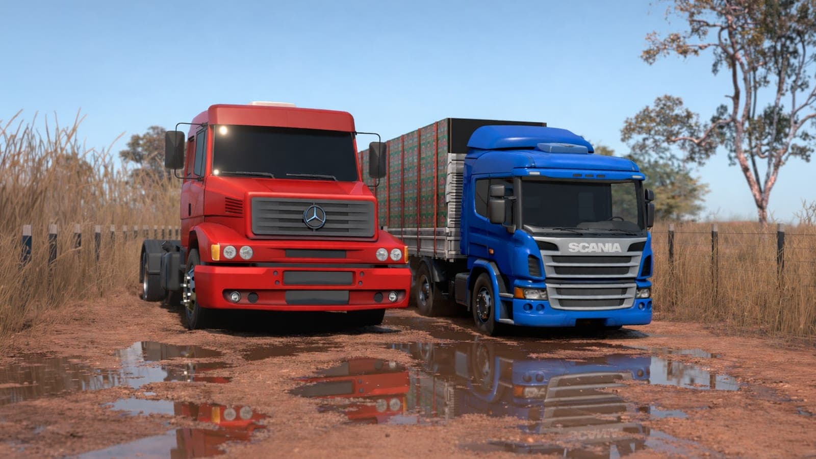 Caminhão Mercedes-Benz vermelho e Scania azul lado a lado na estrada de terra